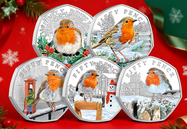 2025 Christmas Robin Silver 50P Set Red Setting