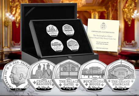 This brand new Silver Proof 50p Set includes 4 coins celebrating Buckingham Palace: Central Balcony, Palace Gates, Grand Staircase & Buckingham House. Struck in sterling silver, Proof. EL 750.