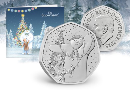 The Snowman 2025 UK Brilliant Uncirculated 50p features a reverse design by illustrator Robin Shaw capturing The Snowman and James decorating the Christmas tree. Comes in official Royal Mint packaging