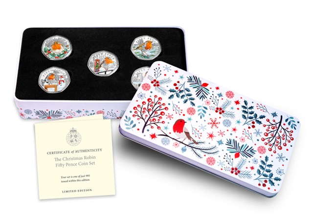 2025 Christmas Robin BU Colour 50P Set Tin Open