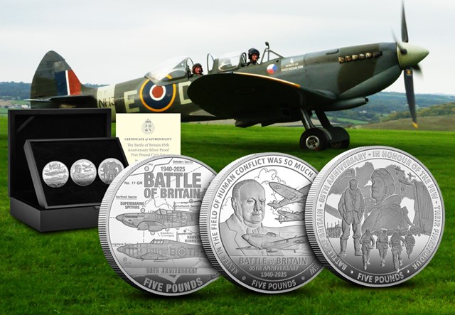 Battle Of Britain Silver £5 Coins In Front Of Spitfire