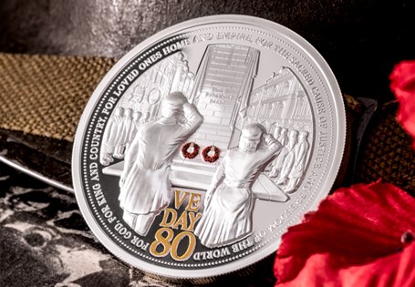 A breath-taking 5oz Silver Proof Masterpiece Coin commemorating Britain’s first post-war Remembrance Service in 1945. Struck in Ultra High Relief with selective red colour print. EL: 350. 