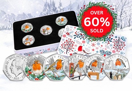 The 2025 Christmas 50ps have been issued by Guernsey and each depicts different festive scenes featuring a robin. They have been struck to a BU quality.