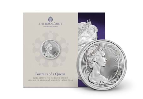 This UK 2026 Brilliant Uncirculated £5 features the second definitive portrait of Queen Elizabeth II designed by Arnold Machin. Comes in official Royal Mint packaging.