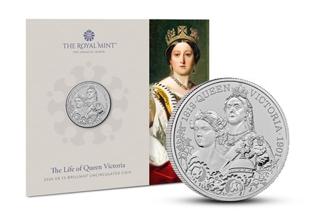 This UK 2026 dated £5 coin has been issued by The Royal Mint to mark 125 years since the death of Queen Victoria. Comes in official Royal Mint packaging.