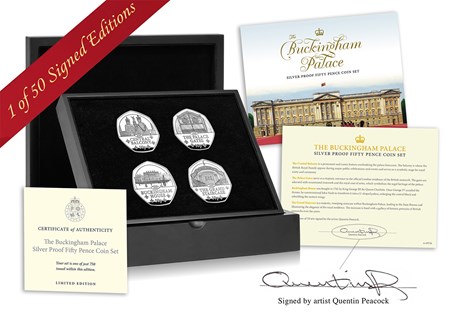 This Silver Proof Set features 4 new 50p coins celebrating Buckingham Palace’s most iconic landmarks. Includes a certificate personally signed by reverse artist Quentin Peacock. Edition Limit: 50.