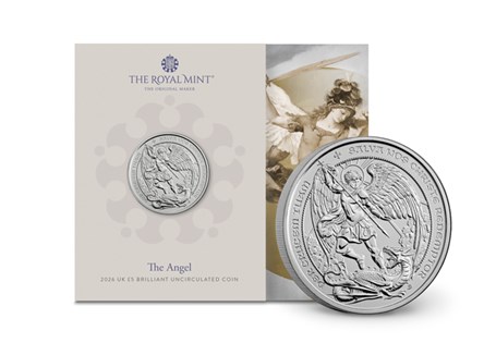Issued by the Royal Mint, this 2026 UK Brilliant Uncirculated £5 Coin features a modern interpretation of the Archangel Michael. Comes in official Royal Mint packaging
