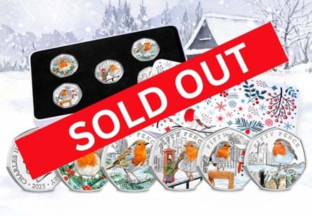 The 2025 Christmas 50ps have been issued by Guernsey and each depicts different festive scenes featuring a robin. They have been struck to a BU quality.