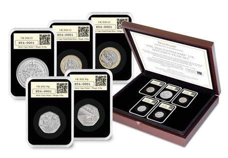 Your collection features the five new commemorative coins released by The Royal Mint. Each coin has a 1st class stamp postmarked on the coins issue date - 2nd January 2026.