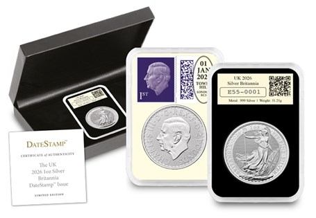 This UK 2026 1oz Silver Britannia DateStamp has been postmarked by Royal Mail for 1st January 2026. It comes in a wooden box, in a tamperproof capsule with a Certificate of Authenticity. EL: 500.