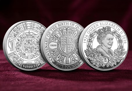 Issued by Guernsey, Jersey & Isle of Man, the QEII Centenary Silver Proof £5 Set marks 100 years since Her Late Majesty's birth, featuring shield, portrait & heraldic designs. Edition Limit: 995