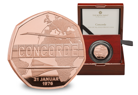 This stunning Gold Proof 50p has been released by the Royal Mint to celebrate 50 years since Concorde's first commercial flight. Comes in official Royal Mint packaging. Edition Limit 125.