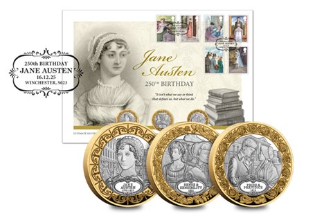 Featuring three new £2 coins for Jane Austen’s 250th anniversary—Portrait, Pride and Prejudice, Sense and Sensibility—struck in Sterling Silver Proof. Includes 2013 stamp set, PM 16/12.