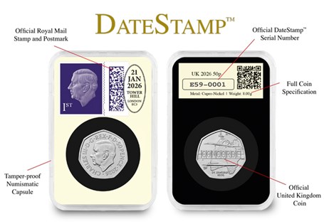 This Concorde DateStamp includes the UK Concorde 50p alongside a KCIII purple First Class Stamp.
It is postmarked with 21st January 2026 - the 50th anniversary of Concorde's
first commercial flight.