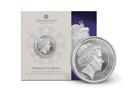 This UK 2026 Brilliant Uncirculated £5 is the fourth in The Royal Mint's 'Portraits of a Queen' series, and features the fourth definitive portrait of Queen Elizabeth II designed by Ian Rank-Broadley.