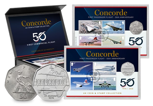 Concorde 50Th Anniversary UK Coin And Stamp Collection Product Mockup