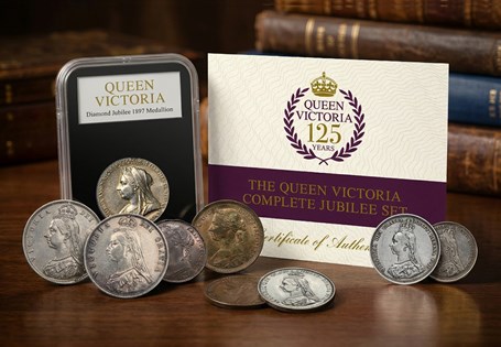 For the 125th anniversary of Queen Victoria, brings together the 1897 medallion originally struck for her Diamond Jubilee celebrations, with a set of coinage from the year of her Golden Jubilee.