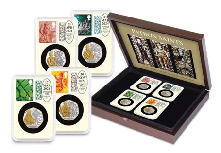 Each Jersey 50p coin is struck from sterling silver with 24 carat gold-plate and a Proof finish. Paired with a country definitive 1st class stamp and postmarked on their respective feast days.