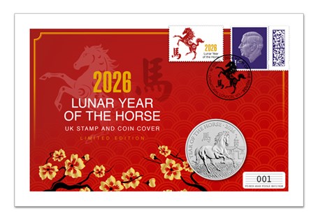 This cover features a KCIII stamp as well as a Lunar Year of the Horse label, alongside the Lunar Year of the Horse £5. Each cover is postmarked with 17.02.26 - the beginning of the 2026 Lunar Year.