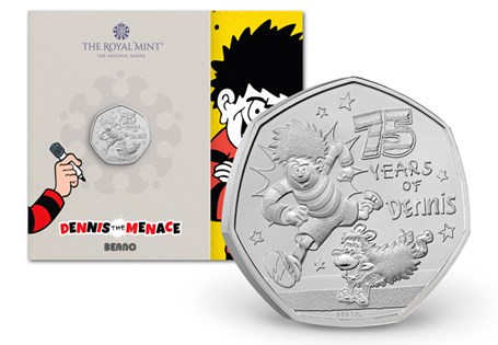 This 2026 UK Brilliant Uncirculated 50p Pack has been issued to celebrate 75 years of Dennis the Menace, the king of mischief and Beano's most recognisable character. 