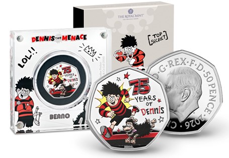 This 2026 UK Silver Proof 50p Coin has been issued to celebrate 75 years of Dennis the Menace, the king of mischief and Beano's most recognisable character. 