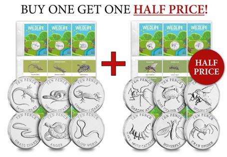 The British 'Garden' Bundle includes both Reptiles and Garden Invertebrates Wildlife sets, each featuring 6 custom uncirculated British Wildlife 10p coins; totalling 12 coins in the full bundle.