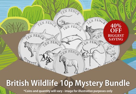 The British Wildlife 'Mystery' Bundle includes four themed sets, featuring 6 custom uncirculated British Wildlife 10p coins; totalling 24 Mystery coins in the whole bundle.