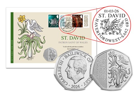 Issued to celebrate the Patron Saint of Wales, St. David. Featuring the 2026 Guernsey St. David BU 50p alongside a Country Definitive 1st Class stamp postmarked with St. David's Day - 1st March 2026.