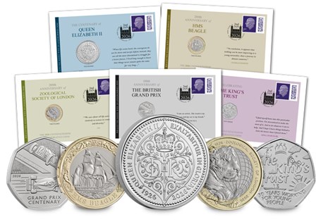 Your collection features the five new commemorative coins released by The Royal Mint. Each coin is presented on a cover, with 1st class stamps postmarked on the coins issue date - 2nd January 2026. 