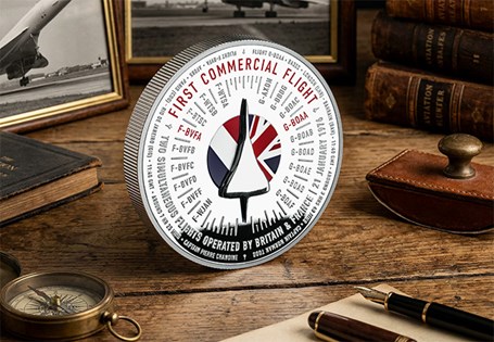 Issued to mark the 50th anniversary of Concorde’s first commercial flight, the Masterpiece Coin has been struck from 5oz of pure silver and features a genuine piece of Concorde as its centrepiece.