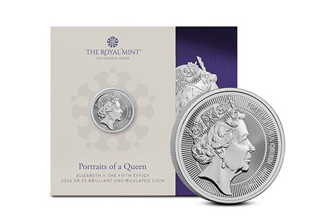 This UK 2026 Brilliant Uncirculated £5 is the final in The Royal Mint's 'Portraits of a Queen' series, and features the fifth definitive portrait of Queen Elizabeth II designed by Jody Clark. 