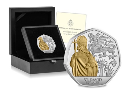 The 2024 St. David of Wales Silver Proof 50p has been issued by
Jersey and struck from sterling silver with 24 carat gold-plating to a Proof
finish.