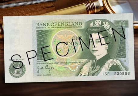 This is the first £1 banknote issued after decimalisation. It was issued from 1978-1981. The reverse features Isaac Newton, and the obverse features the Chief Cashier signature of J B Page.