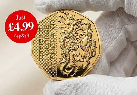 Issued by Guernsey in 2026, the St George of England 50p has been struck to a Brilliant Uncirculated finish with stunning 24 Carat Gold-plating. 