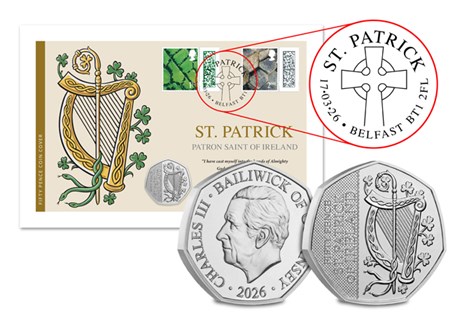 Issued to celebrate the Patron Saint of Ireland, St. Patrick. Featuring the 2026 Guernsey St. Patrick BU 50p alongside a Country Definitive 1st Class stamp postmarked with St. Patrick's Day. 