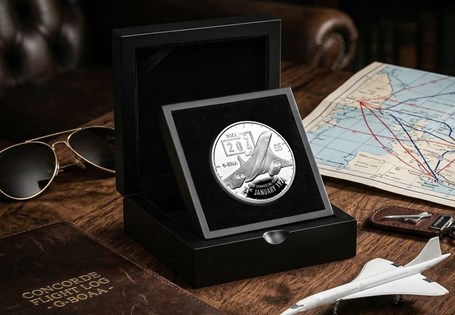 Struck from 1oz of sterling silver to a proof finish and features Concorde in flight with a Mach meter at 2.04. Accompanied with a certificate signed by former Concorde Pilot Jock Lowe. EL: 200.