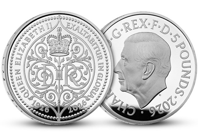 QEII 100 £5 Coin Silver OBV REV JG 1