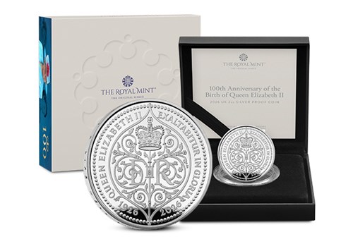 QEII 100 £5 Coin Silver Whole Image With Packaging Behind And Coin Enlarged At Front JG 1