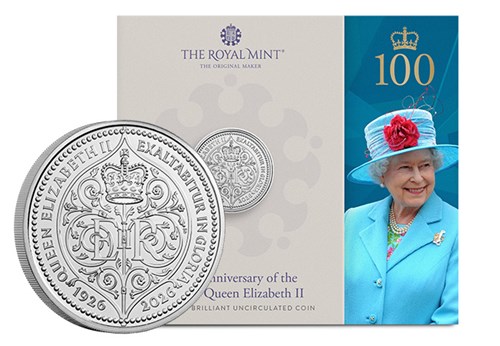 QEII 100 £5 Coin BU Pack Front Cover With The Coin Reverse Enlarged JG 1