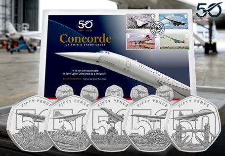 The Ultimate Concorde Coin Cover features all five 2026 Concorde 50p coins alongside four Royal Mail 1st Class Concorde Stamps, officially postmarked in this 50th anniversary year. EL: 495.