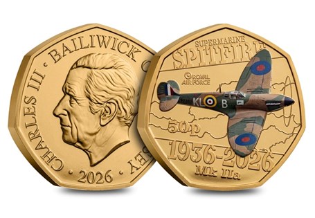 This official 50p coin has been authorised by the Royal Air Force for the 90th Anniversary of the Spitfire. The coin shows the 'Mk IIa' and has been plated in 24 Carat Gold and finished with colour.